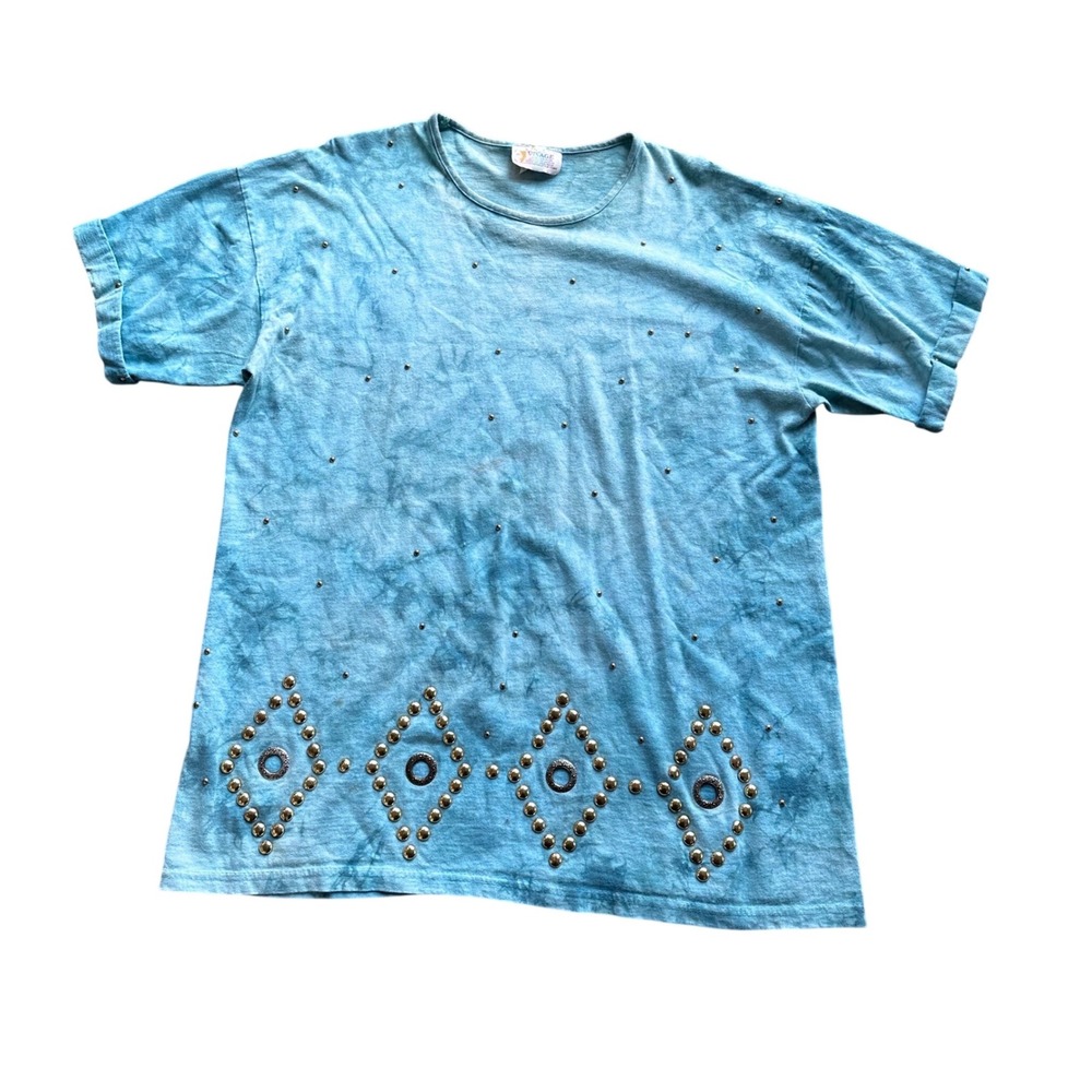 Vintage Visage‎ Blue Acid Wash Studded T-Shirt Boho Southwestern Grommet Tee